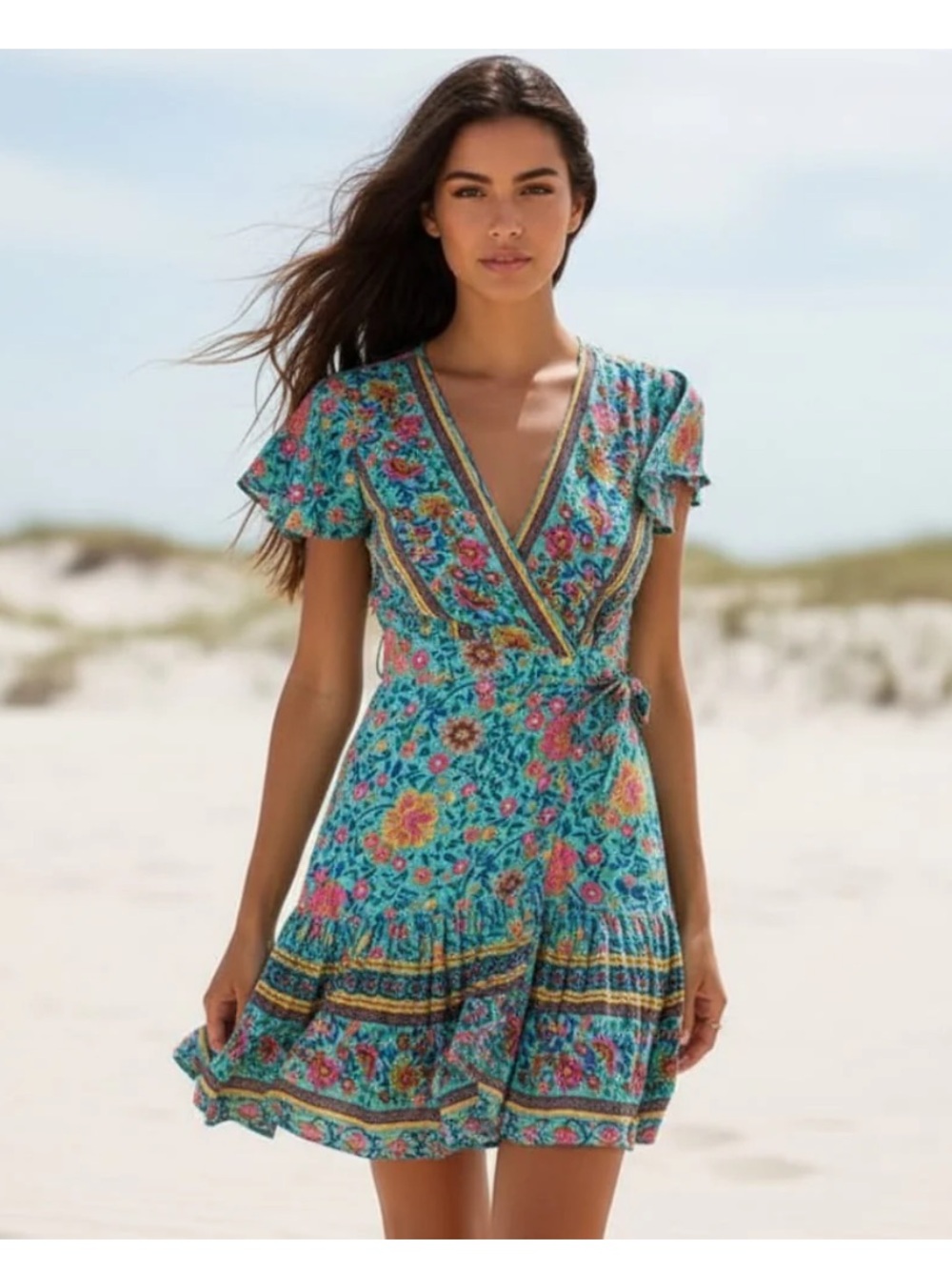 Cupshe Turquoise Floral Wrap Mini Dress